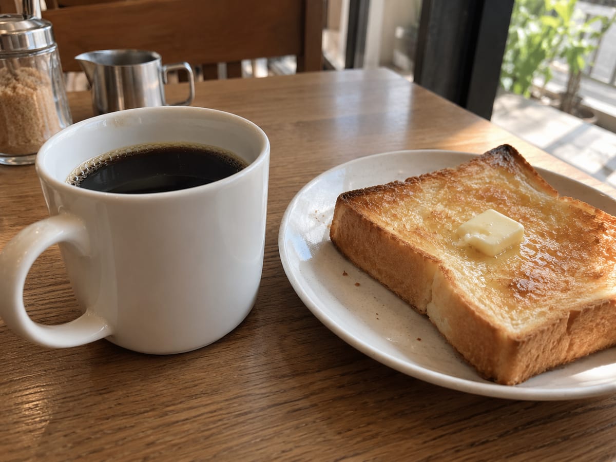 喫茶店のテーブルに置かれたコーヒーとトースト